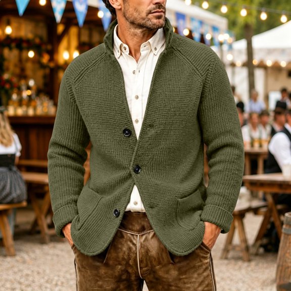 Men's Knit Cardigan Sweater Long Sleeve Casual Button Up Collared Top with Front Pockets Ribbed Cuffs and Hem Soft Chunky Knit Solid Color Warm Fall Winter Outerwear Everyday Wear Basic Army Green L