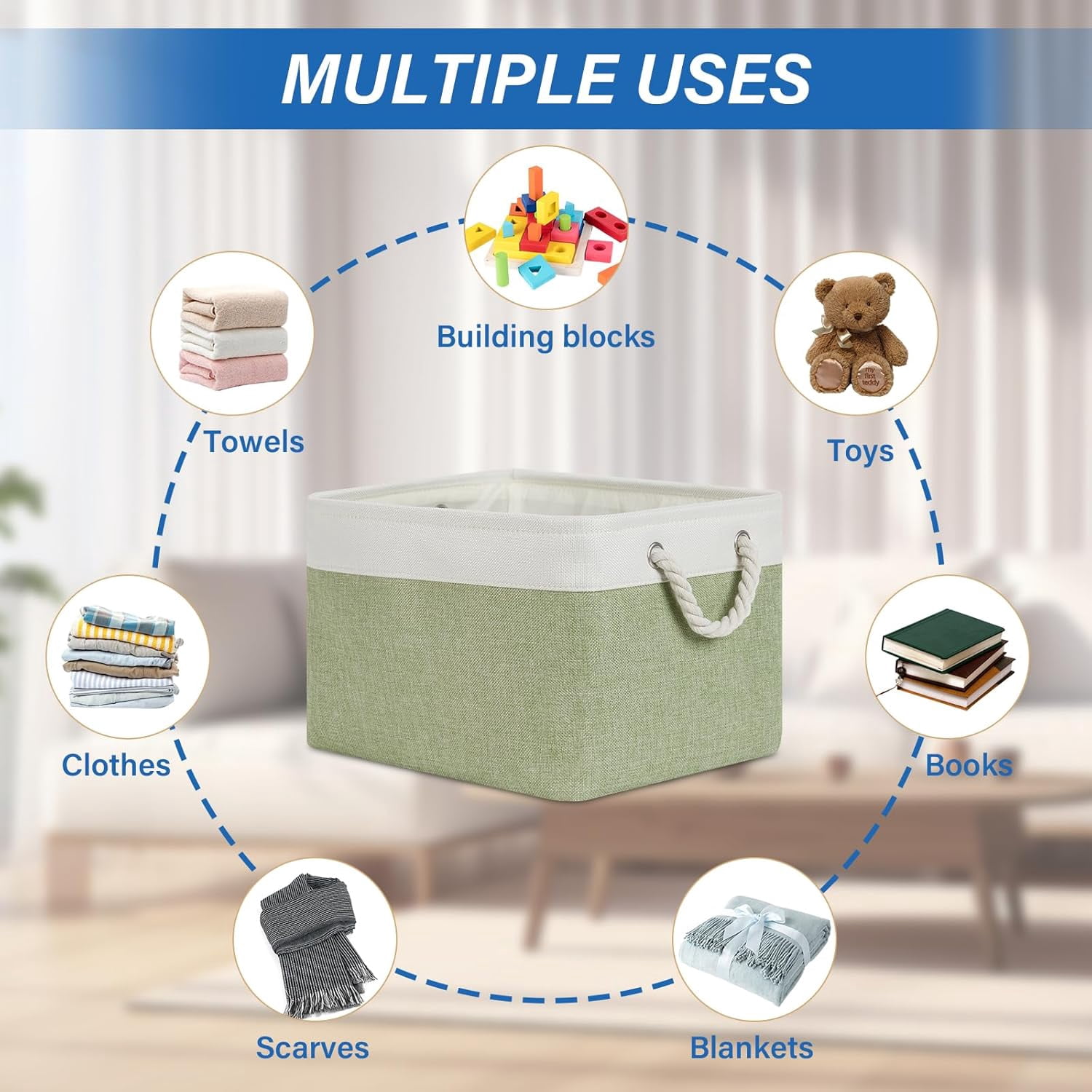 Fabric Storage Baskets 4Pack Storage Bins Decorative Basket for Gift, Clothes Bin with Handles, Rectangle Baskets for Storage, Blankets(White&Green,15x11x9.5 inch)