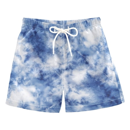Kids Beach Pants Comfortable Swim Trunks Blue Tie-dye Pattern Shorts for Pool Vacation and Lounge Wear Medium