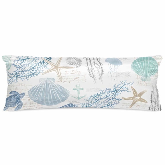 Blue Coastal Nautical Satin Pillowcase for Hair and Skin with Zipper, Soft Breathable Cooling Silk Pillow Cases, Beach Sea Turtle Ocean Coral Starfish Body Pillow Covers Bed Pillows 20"x54"