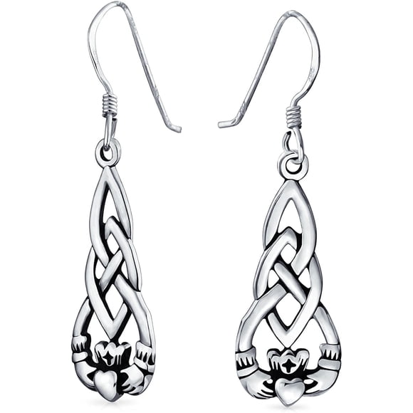 Claddagh Boucles d'Oreilles Pendantes Crochet Poisson de Travail Nœud d'Amitié Celtique Irlandais pour Femmes en Argent Sterling 925 Oxydé