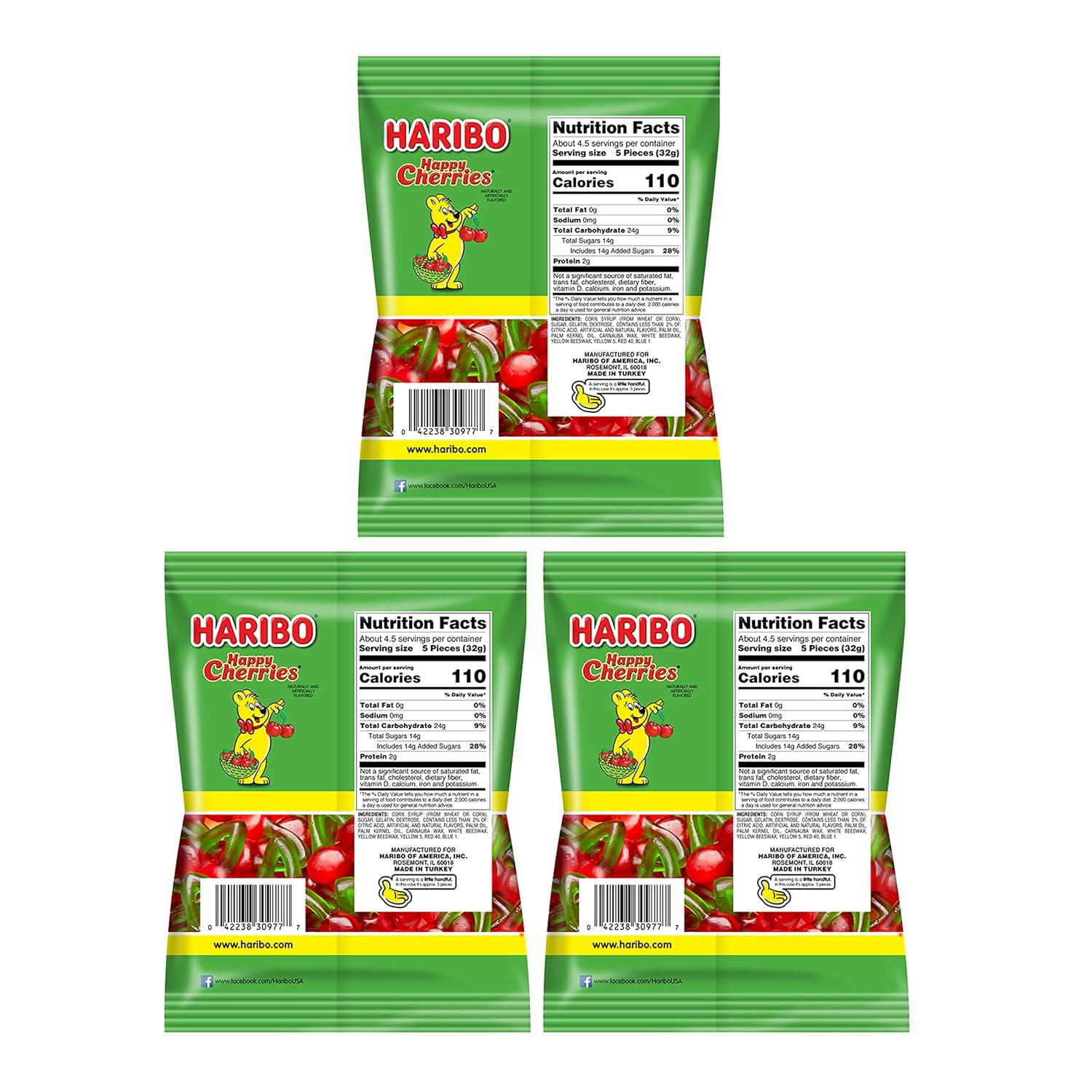 Haribo Happy Cherries Pack 3 (5oz Bags) Cherry-Shaped Fruit Flavored for Movie Nights, Easter, and More in a Bulk Bag