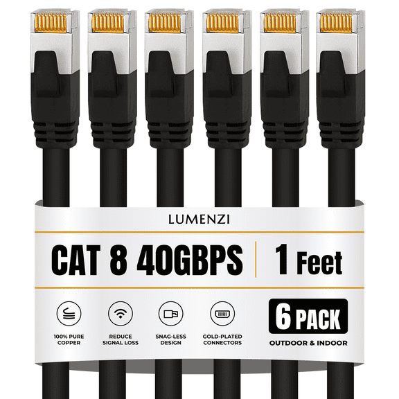 Cat8 Round 24 AWG Black Ethernet Cable 1ft,5ft,10ft,25ft,40ft,50ft,100ft,500ft,1000ft, 1 Pc Pack, 40Gbps 2000MHz Network Patch Cord, S/FTP Shielded LAN Cable
