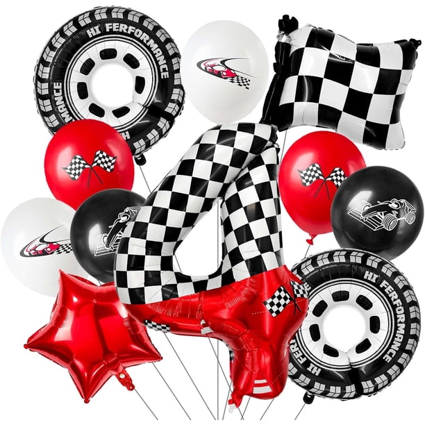 racing theme 40-inch digital foil balloon, featuring black and white checkered pattern and red racing elements, perfect for birthday party decorations and racing-themed events. (Number 3, 11)