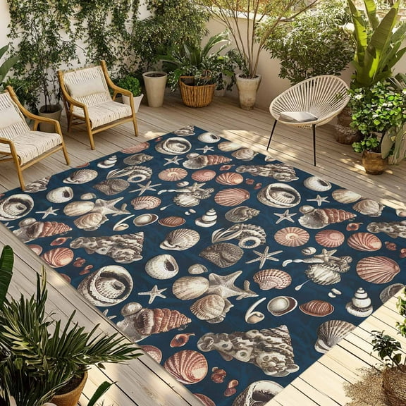 Fsddascl Coastal Shell Starfish Outdoor Rug for Patio/Deck/Porch, Non-Slip Large Area Rug 6 x 9 Ft, Vintage Ocean Summer Seaside Indoor Outdoor Rugs Washable Area Rugs, Reversible Camping Rug Carpet