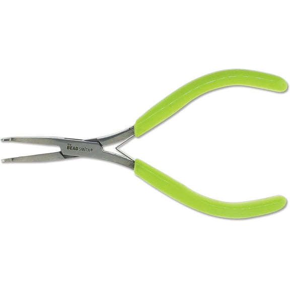 The Beadsmith Micro-Fine Bent Flat Nose Pliers, 5 inches (127mm) with polished steel head, green PVC comfort grip handle with double-leaf spring, tool for jewelry making