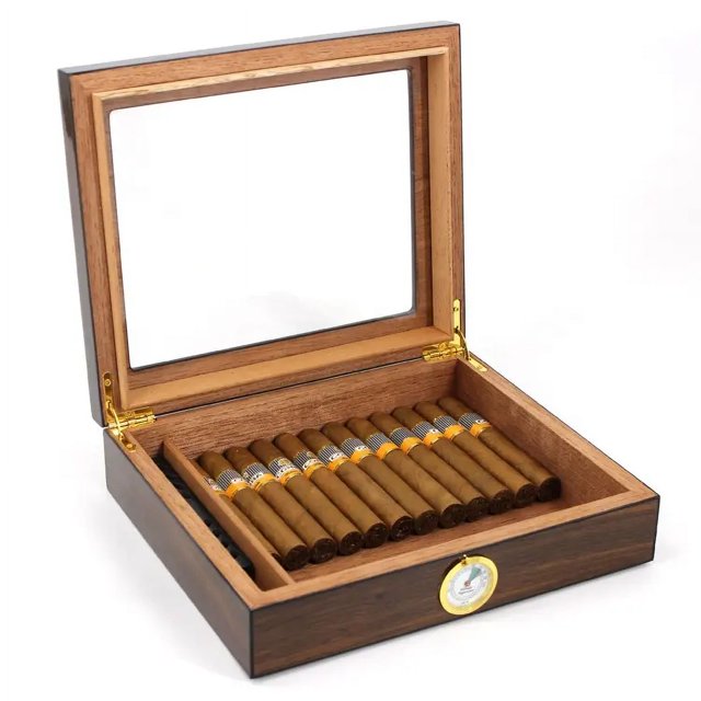 Humidor de cigarros, caja de cigarros con tapa de vidrio con humidificador higrómetro y divisor, caja de almacenamiento de madera de cedro para 35 cigarros