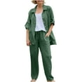 thumbnail image 3 of Jinhomg Two Piece Cotton Linen Sets for Women Butons Down Long Sleeve Shirts And Pants Fall 2 Piece Lounge Sets with Pockets Green,M, 3 of 7