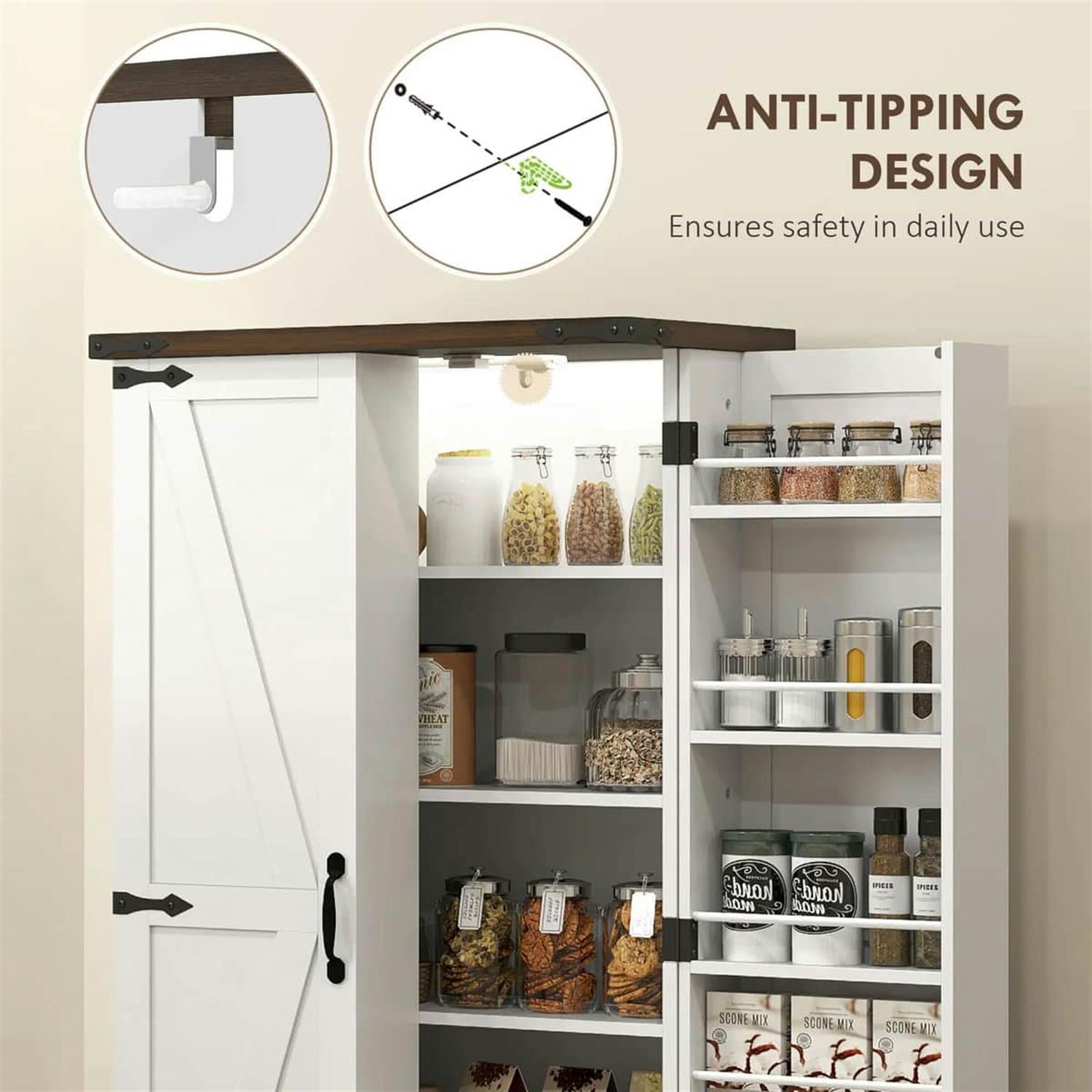 Demi Bonn 47" LED-Lit Kitchen Pantry Cabinet with Sliding Doors, Adjustable Shelves for Modern Kitchens, White