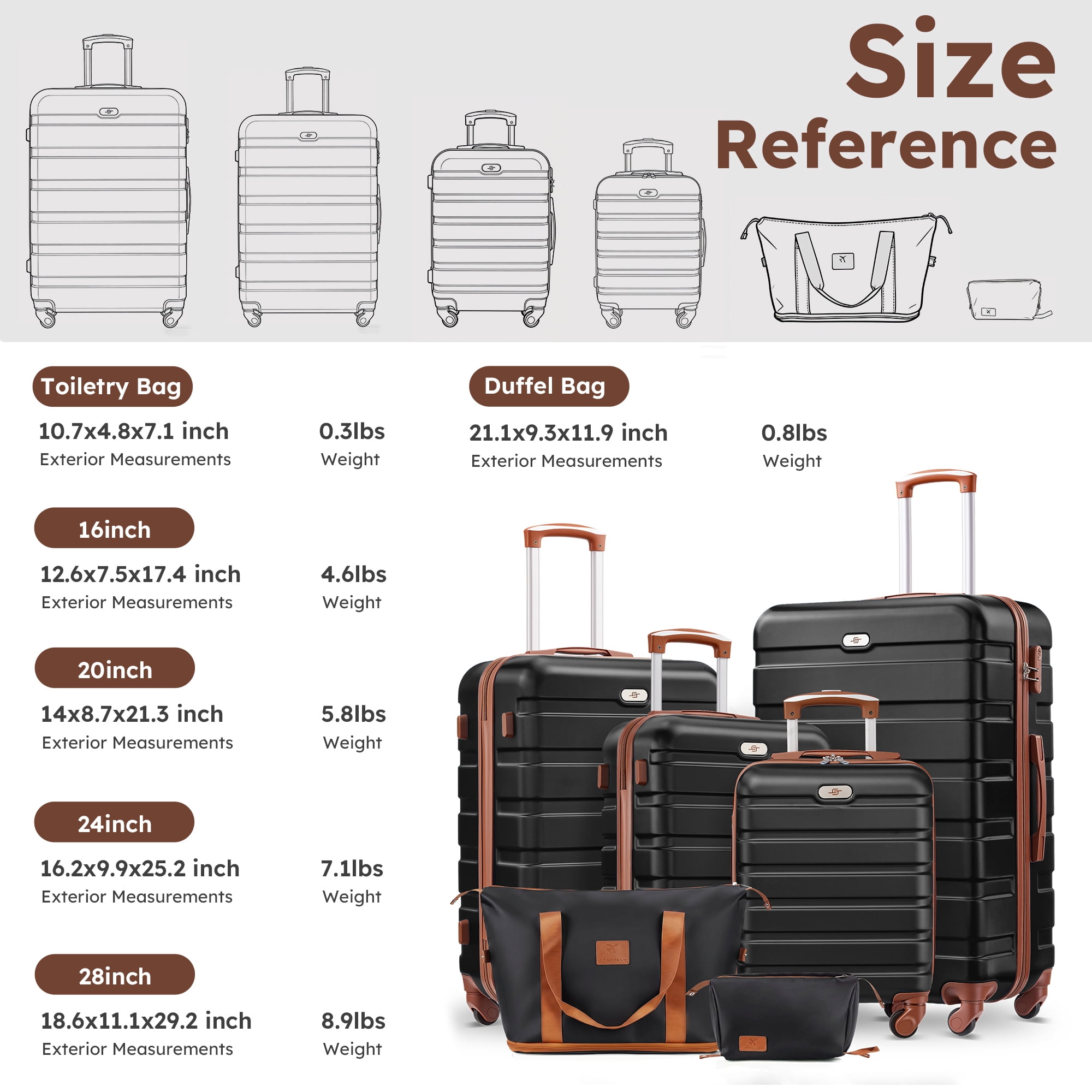 Gowill 6 Piece Luggage Sets,16/20/24/28 inch Hardside Lightweight ABS Suitcase With Expandable Duffle Bag (Black Tan)