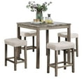 thumbnail image 3 of Modern Pub Set for 4, 5 Piece Counter Height Dining Table Set, Wooden Table and 4 Padded Stools, Breakfast Nook Set for Coffer Bar, Bistro, Kitchen, 3 of 7