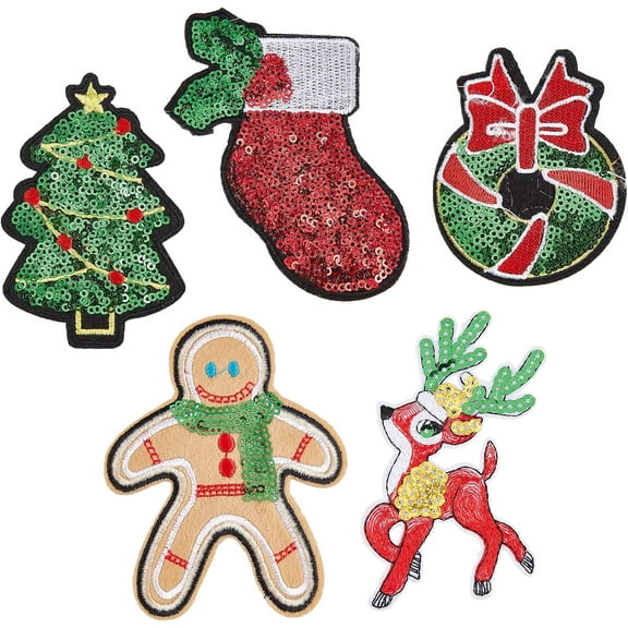 5 Style 20PCS Christmas Stocking Embroidered Patches Christmas Deer Sequin Christmas Tree Appliques for Jackets Jeans Backpack T-Shirt colorful