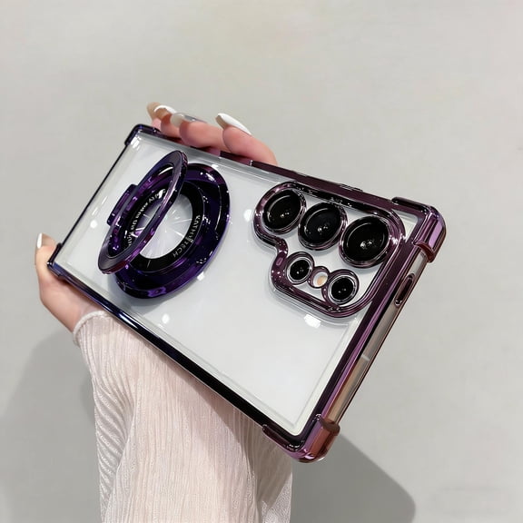Clear Stand Case for Samsung Galaxy S26 Ultra Transparent Non-Yellowing Plated Phone Cover, Compatible for Samsung Galaxy S26 Ultra Case with Ring Holder Stand & Camera Lens Protector, Darkpurple