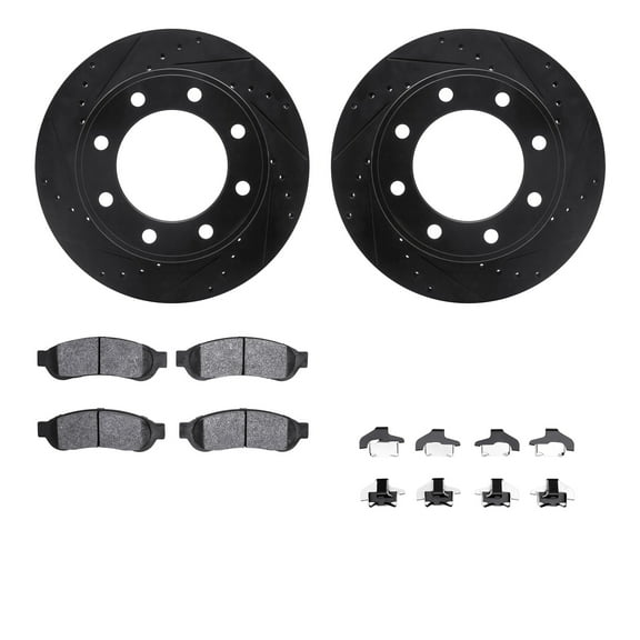 Dynamic Friction Company Rear Brake Rotors-Drilled and Slotted-Black with Heavy Duty Brake Pads includes Hardware 8212-99202