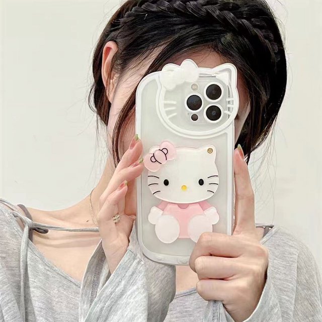 Linda funda de teléfono 3D Hello Cat Kitty Holder TPU para iPhone 14 13 12 11 pro max con espejo para moda femenina 2023 nuevo