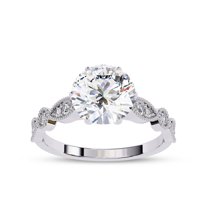 Solitaire Wedding Engagement Ring for Women | Center 8mm Round Cut Lab Created Moissanite Beaded Stackable Band Promise Rings in 10K Solid White Gold Jewelry Gift for Her, Size 9.5