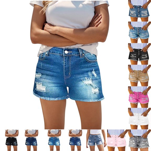qucoqpe Women's Distressed Denim Shorts with Button and Pockets Stretch Jean Shorts for Women