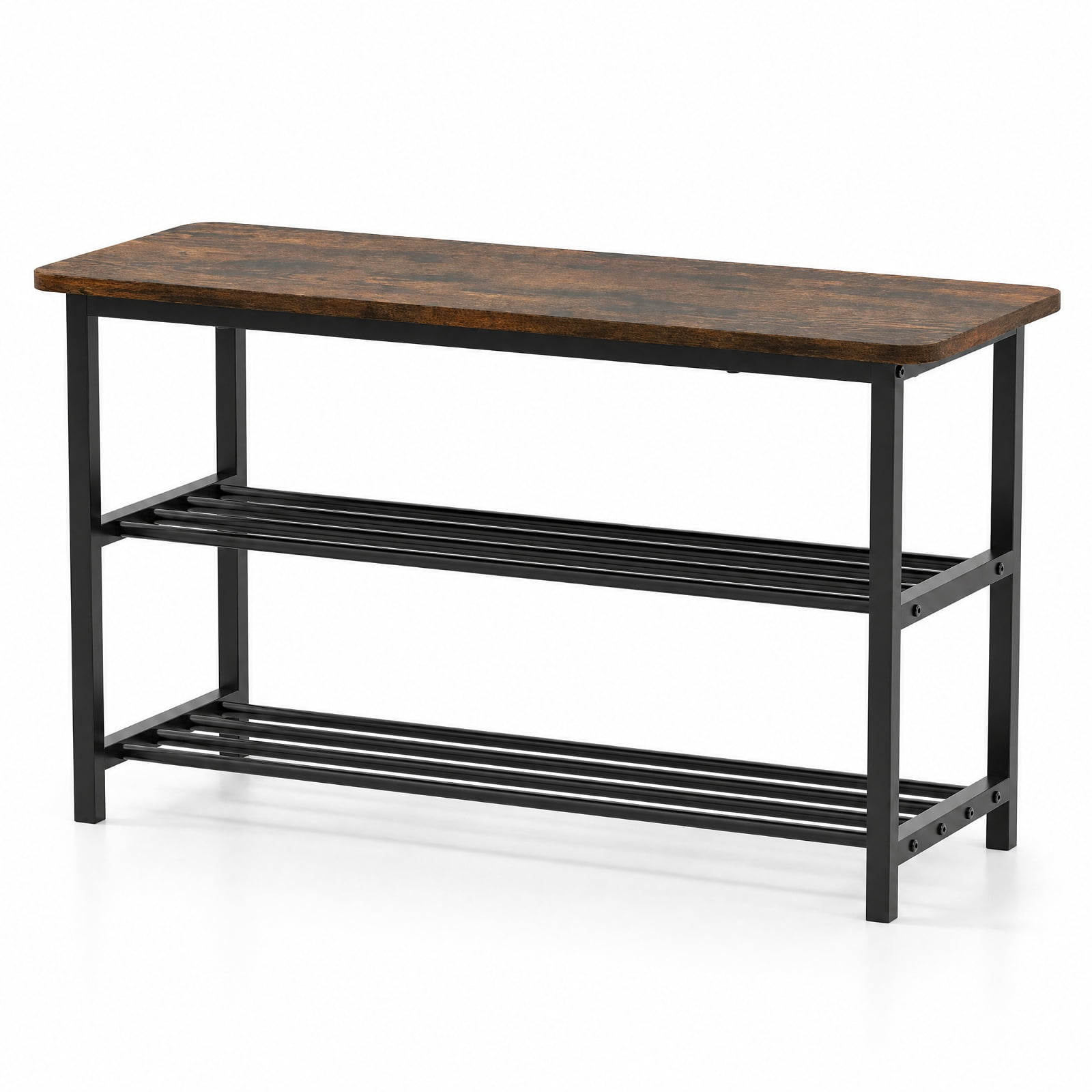 Furnibear 3 Tier Shoe Rack Bench with Metal Slat Shelves and Long Wooden Seat for Entryway Hallway Shoe Storage Bench, Rustic Brown