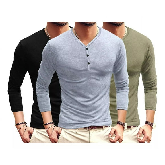 Playeras Manga Larga Cuello Henley Para Hombre Slim Fit 3pzs