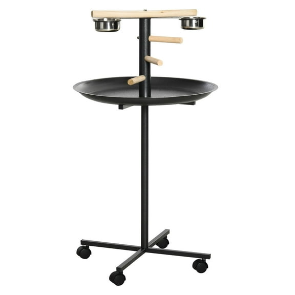 SAZYY Portable Parrot Play Stand with Wheels & Feeder | Stainless Steel Bowls & Round Tray, Grey Training Perch for Small Medium Birds