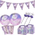 thumbnail image 2 of 1 Juego de vajilla desechable con temática de cola de sirena, platos de papel, tazas, pancartas, estawas para decoración de fiesta de cumpleaños de sirena para niña, 2 of 4