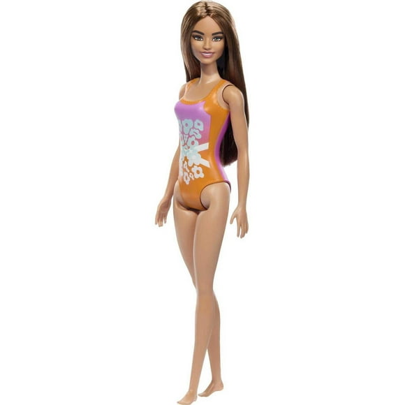 Beach Barbie Doll with Light Brown Hair Wearing Tropical Pink and Orange Swimsuit, Ages 3+