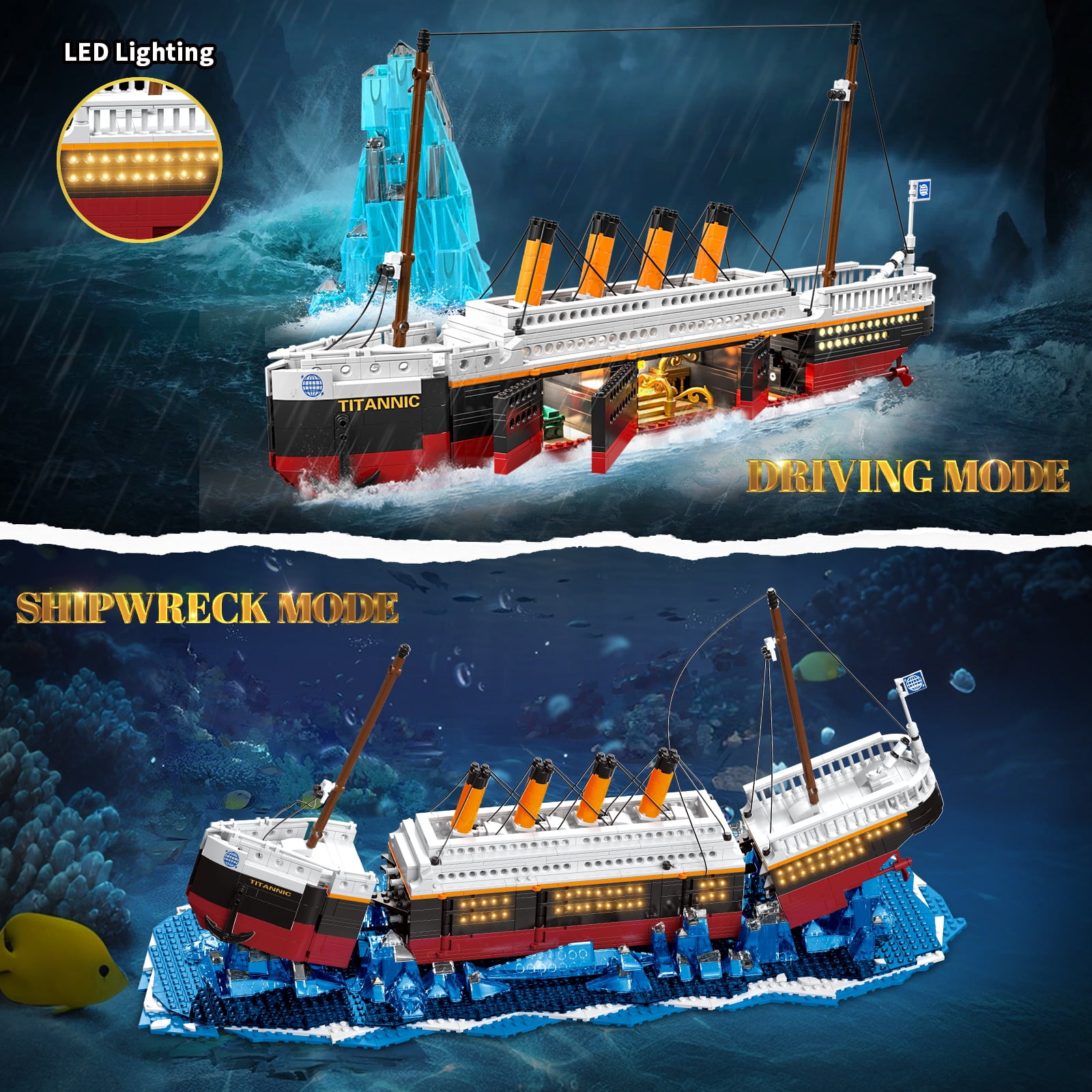 GOQI 2 in 1 Titanic Building Set, Titanic Big Ship Model Building Kit with Lights Bricks and Glacier, 1928 Pieces STEM Construction Toy for Teens Boys Ages 8-14+