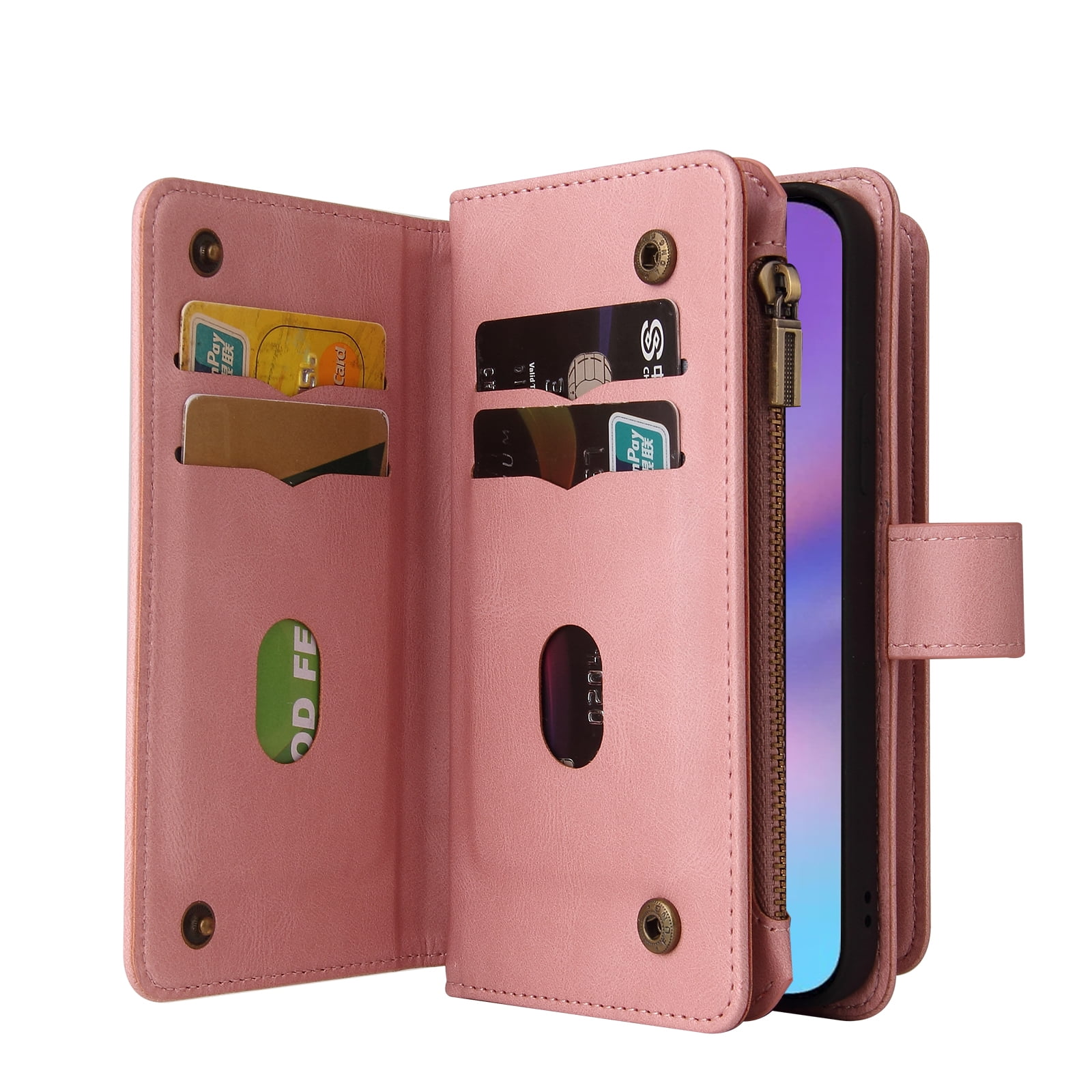 Phone Case for iPhone 17, Wallet Case Luxury Folio Flip Leather Cover [Zipper Pocket] [Wrist Strap] [Kickstand] for iPhone 17, Pink