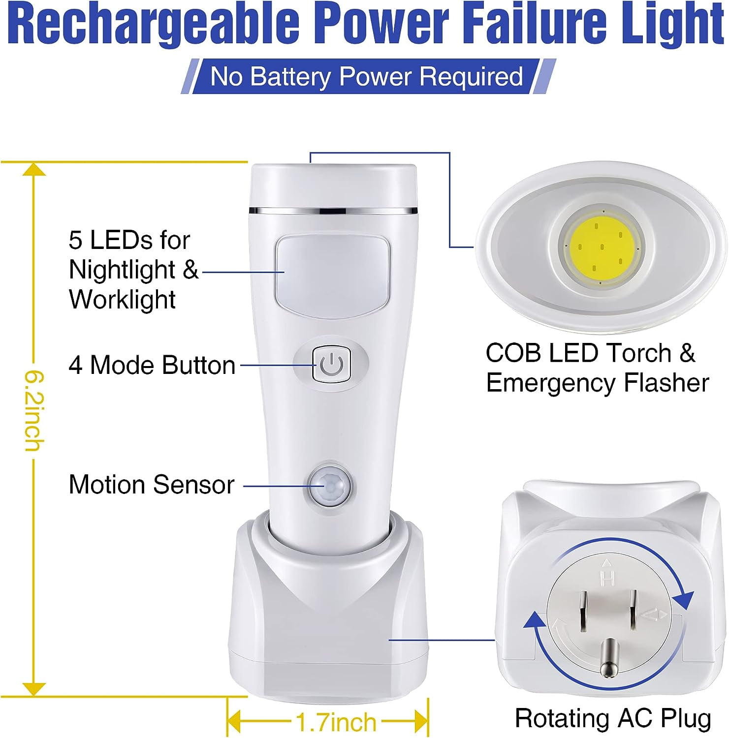 4 in 1 LED Rechargeable Plug in Flashlights, 3 Pack LED Emergency Lights for Home Power Failure, Plug in Power Outage Light, Power Failure Light with Motion Detection (White)
