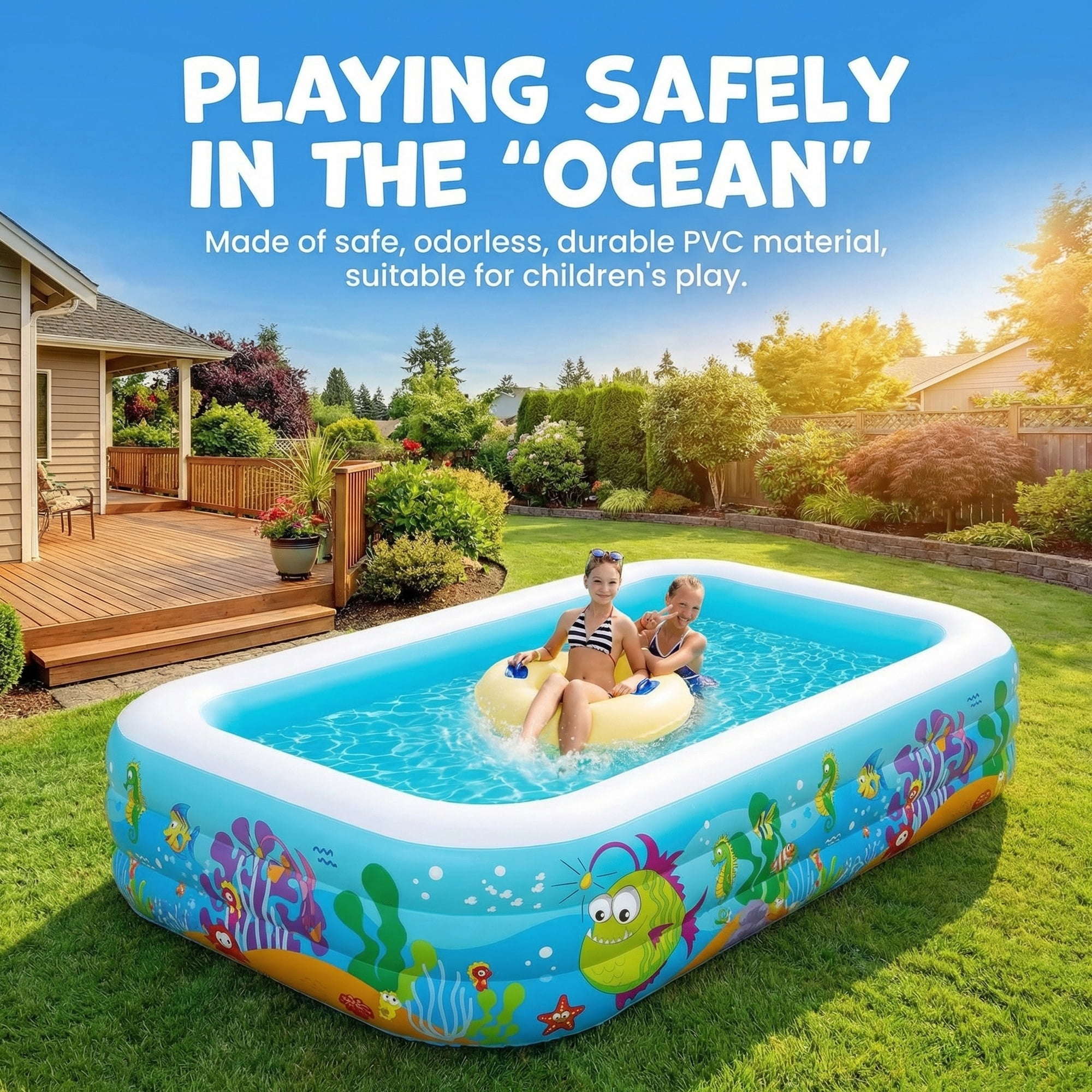 Naipo Inflatable Swimming Pool for Kids and Adults, 120"x72"x22" Oversized Thickened Family Swimming Pool for Toddlers, Outdoor, Garden, Backyard, Summer Water Party, Cartoon Patterns