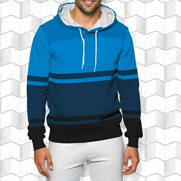 Vibrant Blue & Black Striped 3D Hoodie for Men - Casual Drawstring Hood Long Sleeves Pocket