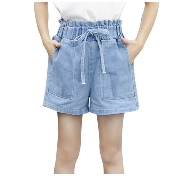 Odeerbi 3-14 Años Niñas Verano Pantalones Cortos de Denim Pantalones Cortos de Jeans Lindo Color Sólido Elástico Cintura Cortos de Vaquero Con Bolsillo