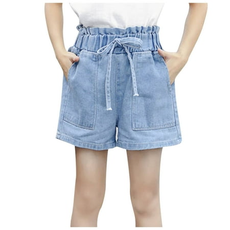 

Huvoen Short Pants with Pockets Spring and Summer Cute Solid Girls Pocket Elastic Waist Comfy Shorts Jeans Blue 10 Years