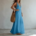 thumbnail image 5 of Dolkfu Minimalist Womens Summer&Fall dresses Blue Sleeveless V-Neck Maxi Faux-Wrap Dresses Flowy Cotton Blend Solid Sky Blue,XL, 5 of 6