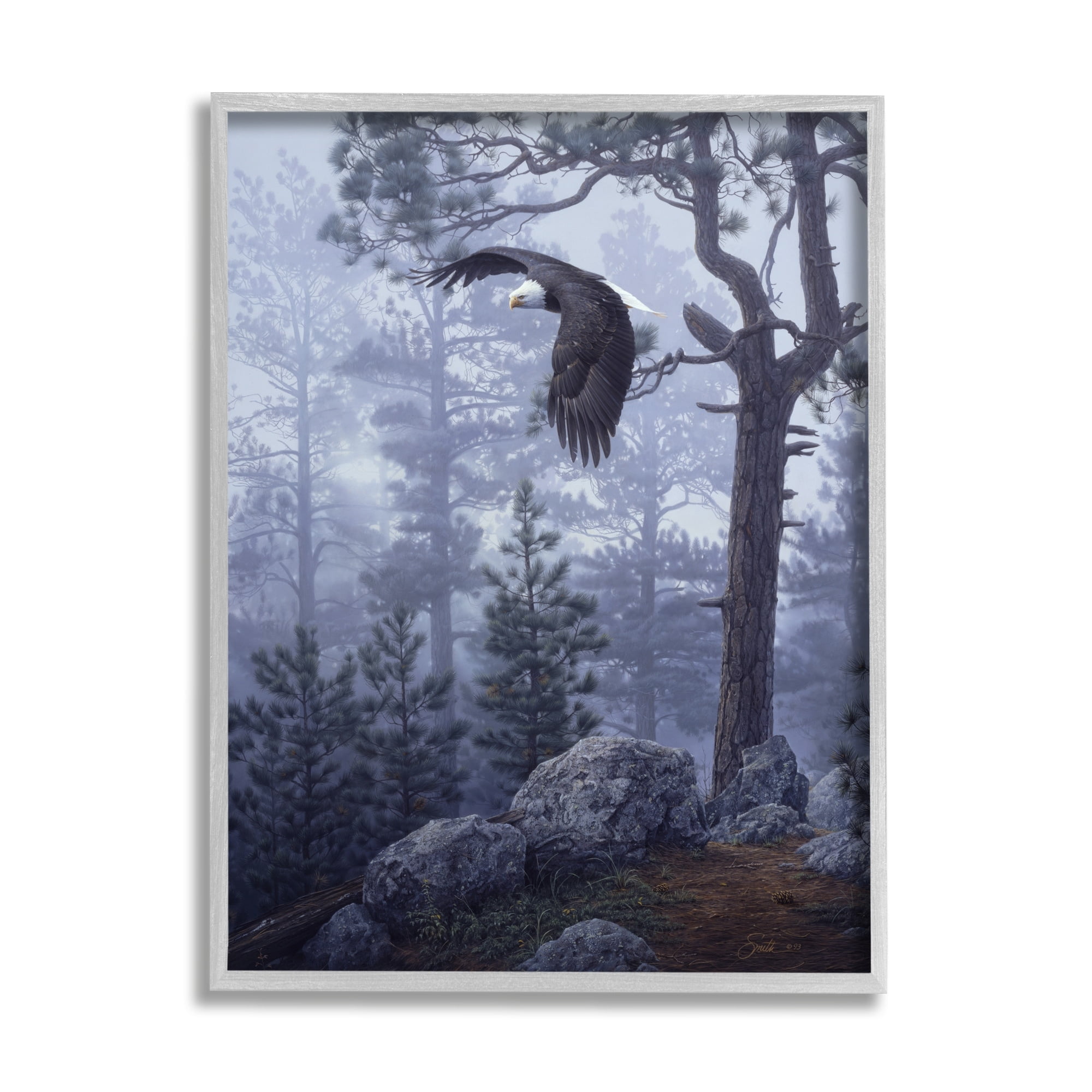 Stupell Industries Eagle Flying Woodland Scene Animals & Insects Photography Gray Framed Art Print Wall Art
