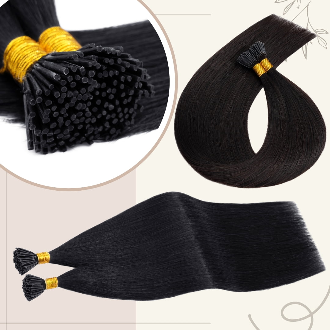 Benehair 100% Real Remy Human Hair Extensions 1g I Tip Hair Stick Tip Micro Ring Beans Pre Bonded Hair 50g Women Straight Black