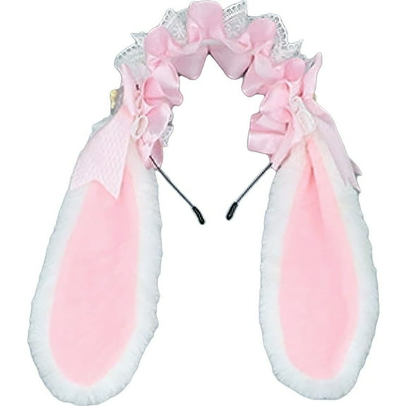 Jiibva Japanese Bowknot Plush Bunny Hair Hoop Ribbon Lace Lolita Rabbit Ears Headband Furry Cute Cosplay Hair Bands Head Accessories