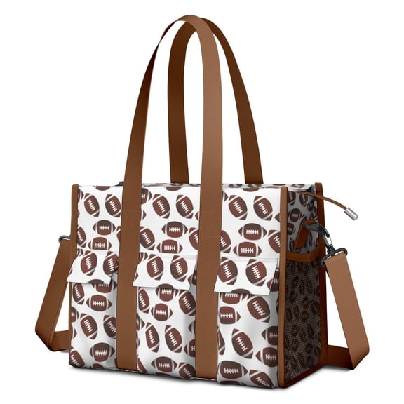 Teacher Tote Bag,Brown Footballs Repeat Pattern Teacher Utility Tote Bag,Large Work Tote Bags for Women with Multiple Pockets,Top Zipper Closure,13.8x10.6x6.7 Inch