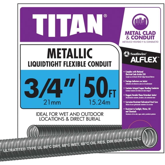 Southwire Liquid Tight Flexible Conduit - Steel, Water Proof for Electrical Wire - 3/4" x 50'
