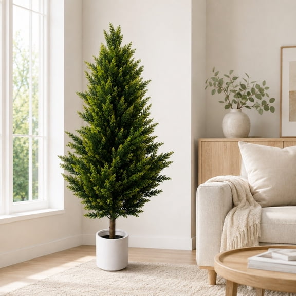 Artificial Topiary Cedar Trees, 5FT Artificial Tree for Outdoors, Xramfy UV Resistant Artificial Outdoor Plants, Faux Pine Tree for Front Porch Décor, Faux Evergreen Fake Pine Cypress Trees for Home