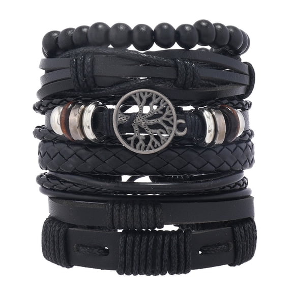 Men’s Tree of Life Multi‑Layer Bracelet Set, PU Leather Braided Woven Beaded Stackable Wrist Jewelry for Men, Adjustable Size,Black