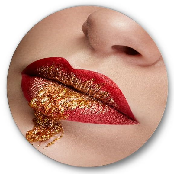 Designart 'Close Up Lips With Gold and Red Make Up' Modern Circle Metal Wall Art 36x36 - Disc of 36