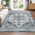 thumbnail image 5 of 8x10 Washable Area Rug Vintage Distressed Soft Non-Slip Low Pile Stain-Resistant Easy-Clean Dorm Home Dining Blue, 5 of 9