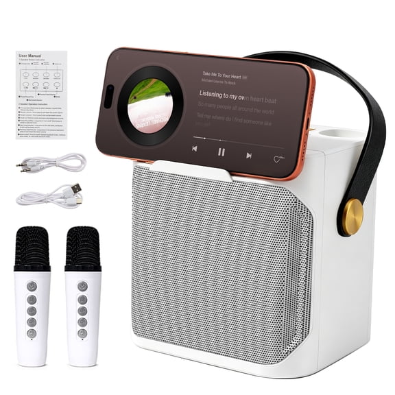 VIPQV Karaoke Machine, Portable Bluetooth Karaoke Speaker with 2 Wireless Microphones, Dual Microphone Chorus, Supports TWS/TF/USB/AUX, Home Party and Outdoor Entertainment, White