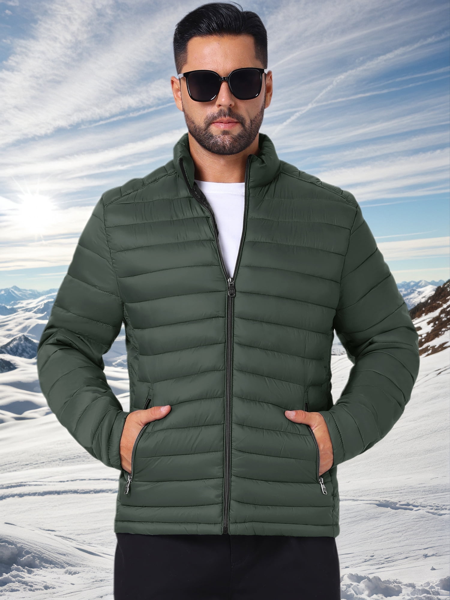 DARING DIVA Men's Winter Solid Stand Collar Zipper Quilted Puffer Jacket XL Dark Green