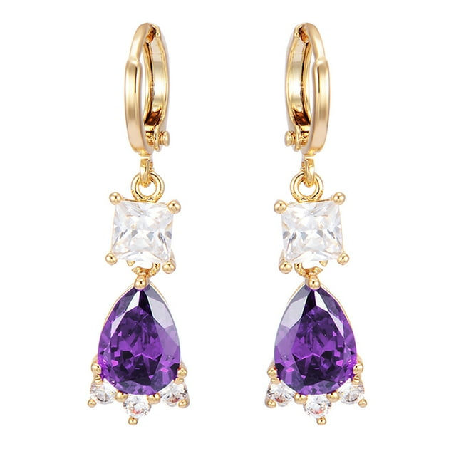 1 par de pendientes para mujer, sencillos y elegantes, colgantes, multifacéticos, de circonita blanca y morada, joyería decorativa, regalo de cumpleaños y boda.