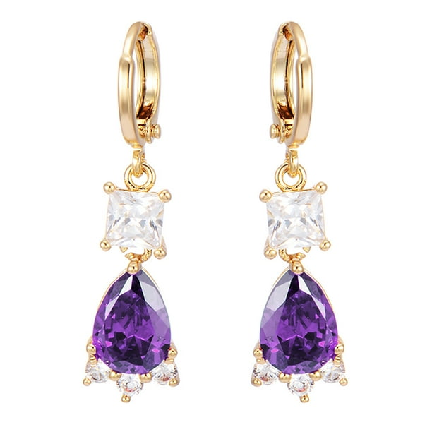 1 par de pendientes para mujer, sencillos y elegantes, colgantes, multifacéticos, de circonita blanca y morada, joyería decorativa, regalo de cumpleaños y boda.