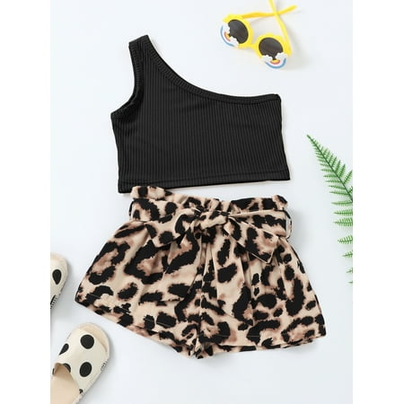 

Sleeveless Toddler Girls One Shoulder Tops T Shirts Leopard Print Belted Shorts S221905X Multicolor 120(5-6Y)