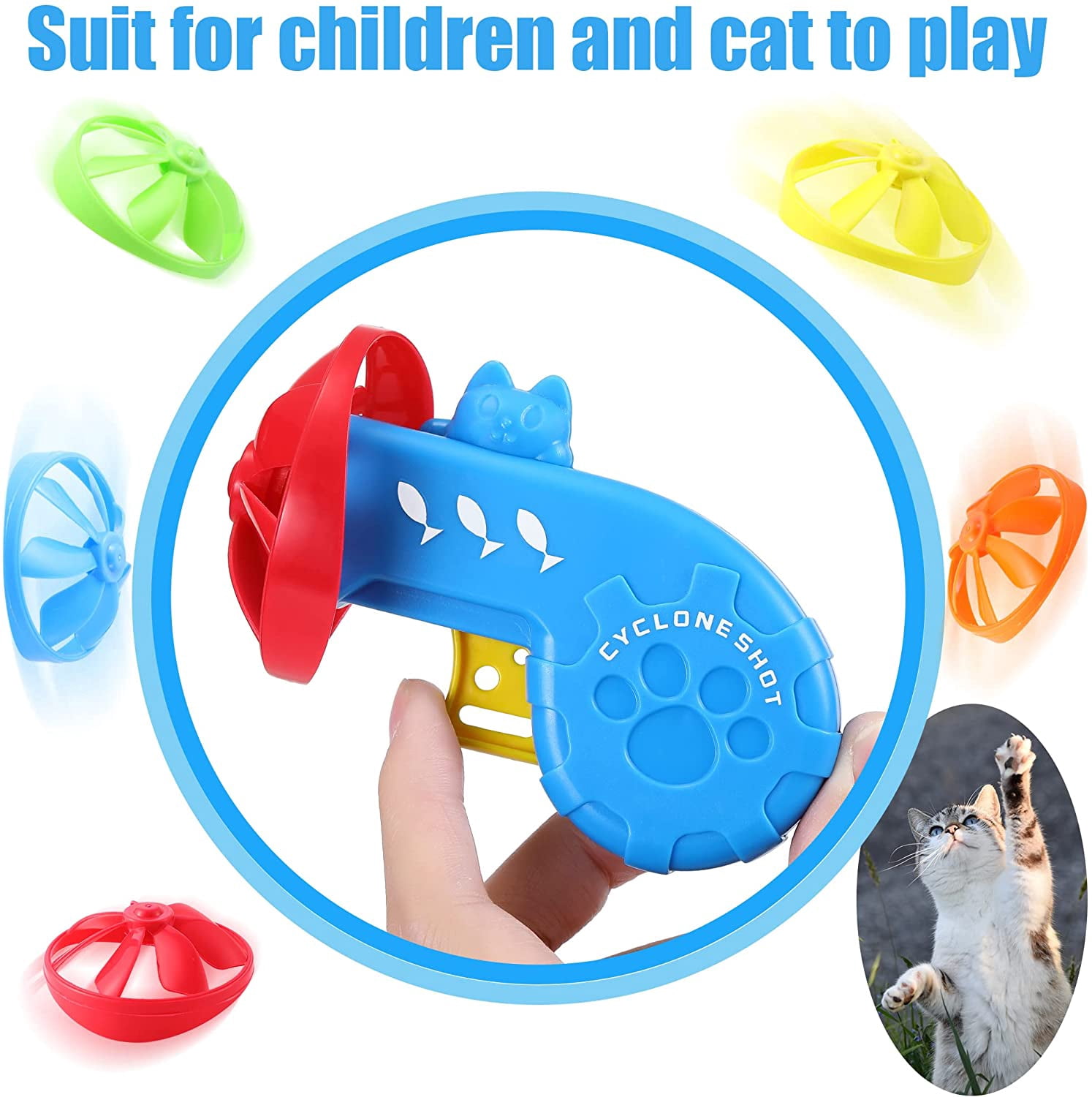 18 Pieces Interactive Cat Fetch Tracking Toys With 5 Colors Flying Propellers for Indoor Pet Kitty Training Chasing (Blue Cat Theme Design)