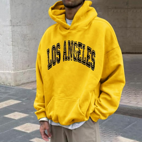 Long Sleeve Dropped Shoulder Trendy Print Loose Fit Hoodie Man (XL, Yellow)